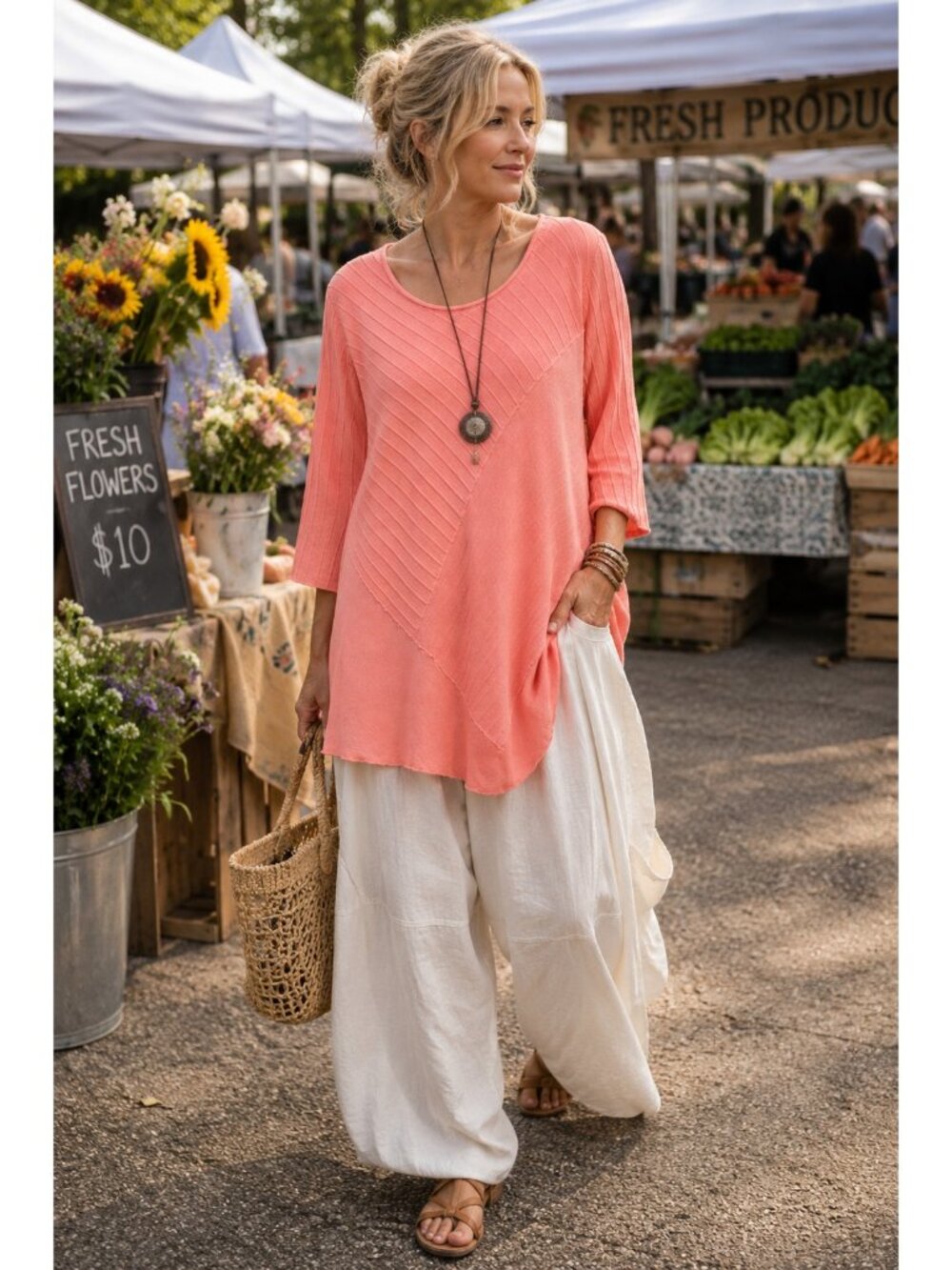 Focus Casual Life Peach Ribbed Cotton Tunic Top XL Lagenlook Boho 3/4 Sleeve